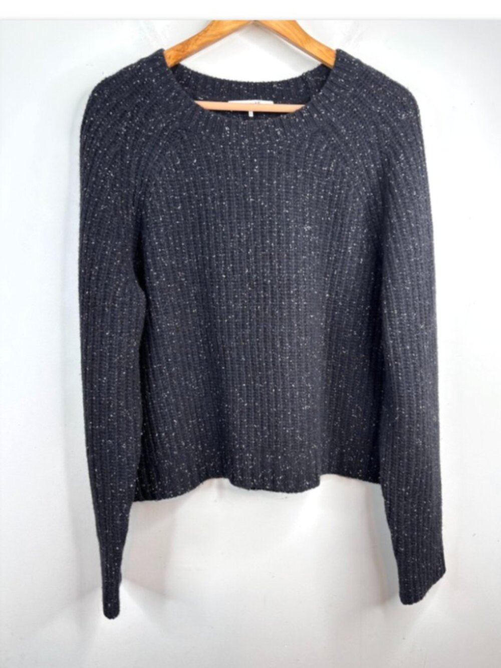 FRAME Women's Black Speckled Lambswool Ribbed Crewneck Sweater Size Large L